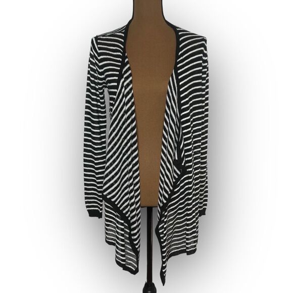 AB Studio, Fly Away Waterfall Draped Black White Striped Cardigan Women’s Medium - Picture 1 of 8
